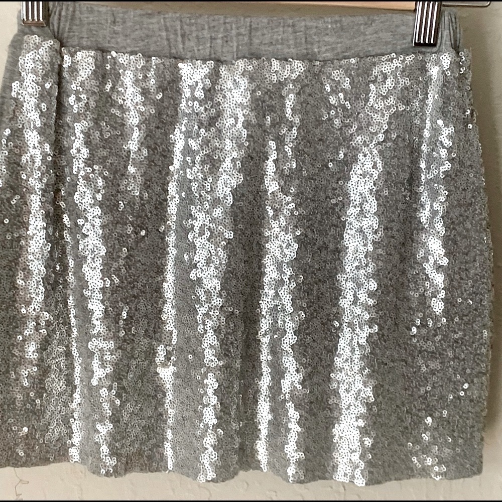 PEEK Silver Sequin Knit Skirt Elastic Drawstring Waist Grey Sparkle Shimmer 8/L - Picture 3 of 8